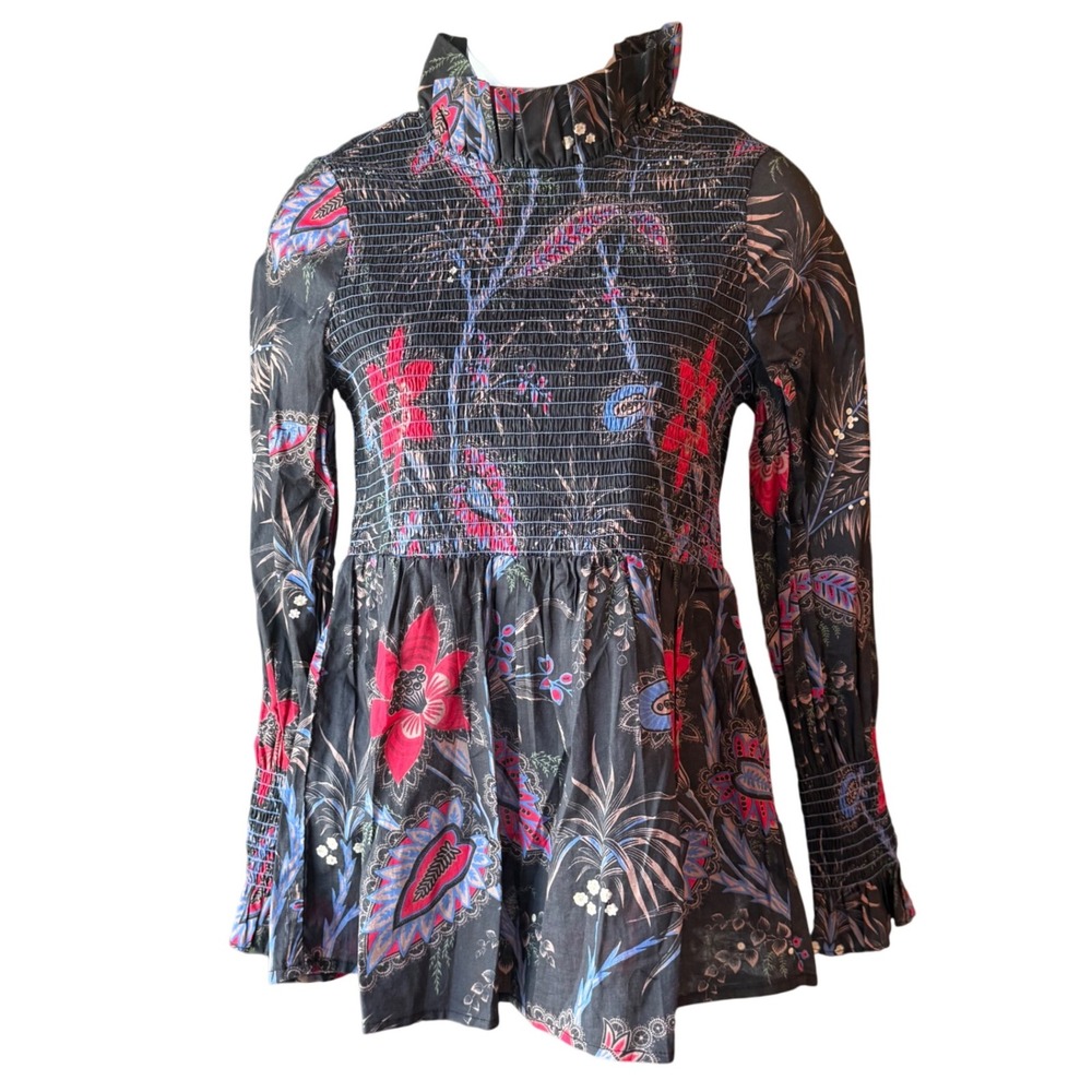 Tuckernuck Smocked Floral‎ Ruffle Neck Peplum Blouse Top Women's Size Small